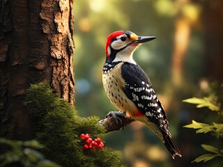 Immerse yourself in the world of a woodpecker with this full HD photo generative ai - obrazy, fototapety, plakaty