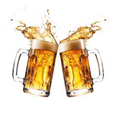 Two Beer Mugs toasting creating splash isolated on transparent background Remove png, Clipping Path, pen tool, white - obrazy, fototapety, plakaty