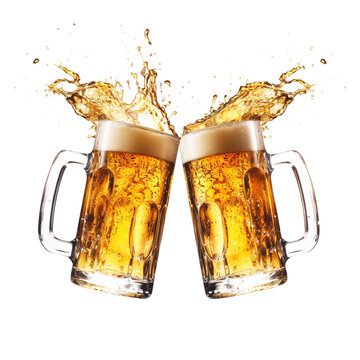 Two Beer Mugs toasting creating splash isolated on transparent background Remove png, Clipping Path, pen tool, white