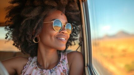 Beautiful African American woman with afro hairstyle and sunglasses driving a car