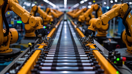 Robots carrying out monotonous and labor intensive operations on the production line - obrazy, fototapety, plakaty