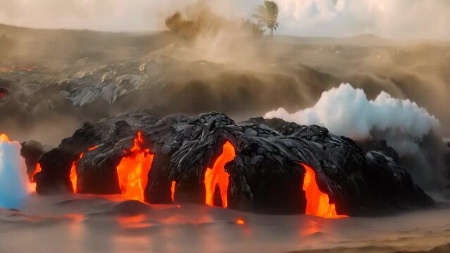 Sea view of Kilauea Volcano in Big Island, Hawaii, United States. A restless volcano that has been in business since 1983. Cinemagraph at sunset when lava glows in the dark as jumps into the sea.