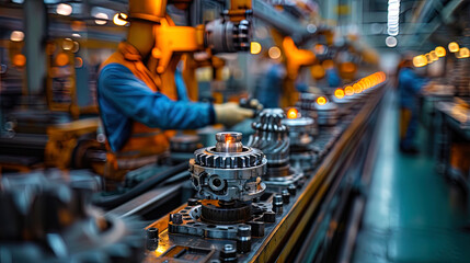 The assembly line at the factory where employees are assembling complex mechanisms