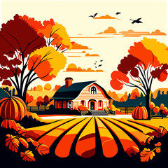 Autumn rural landscape with pumpkins and barn. Vector illustration. AI Generated