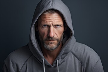 Portrait of a tender man in his 40s sporting a comfortable hoodie against a soft gray background. AI Generation