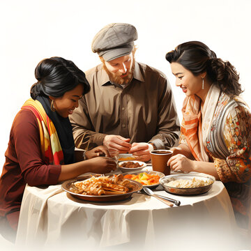 Individuals from different cultures sharing a meal, showing cultural connection isolated on white background, detailed, png
