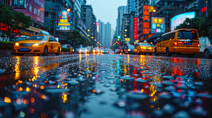 The reflective wet asphalt enhances the charm of the city landscape, transmitting the brilliance o