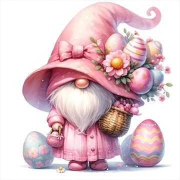 An illustration of a gnome with its hat covering its face, with a big Easter egg bouquet, rendered in watercolor style.