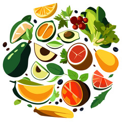 Fruits and vegetables in the form of a circle. Vector illustration. Generative AI