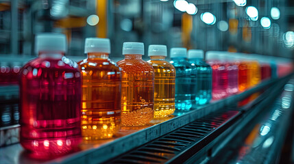 Workers managing the line for the manufacture and packaging of household chemicals - obrazy, fototapety, plakaty