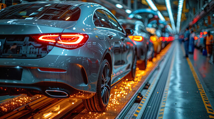 Workers on the conveyor, collecting and packing new cars of cars