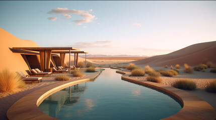 Contemporary luxury camp in the desert. Sand dunes around. Modern eco tents