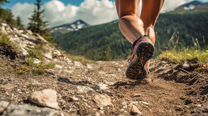 Male feet run through rocky terrain. Cross country running with focus on legs - obrazy, fototapety, plakaty