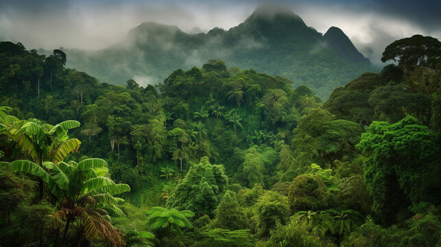 Mountain tropical rainforest. Amazing nature background with clouds and mountain peaks