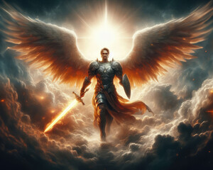 Fototapeta na wymiar Warrior angel with wings and sword in heaven