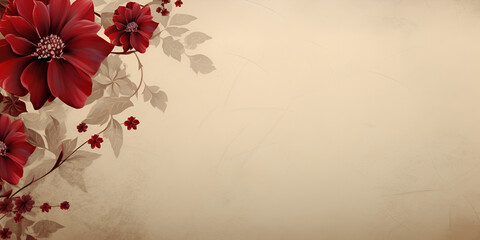 Abstract dark red flowers and beige background with copy space 