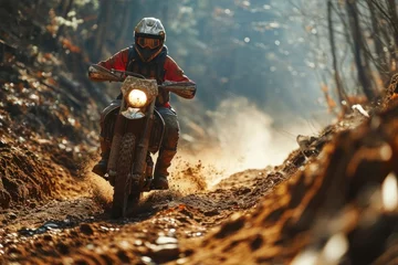 Poster Rider on a motorcycle on a dirt track in the forest. Motocross. Enduro. Extreme sport concept. © John Martin