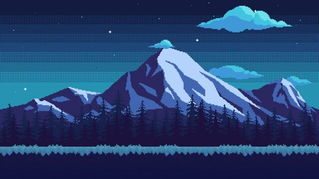 Pixel art animation of mountain landscape with switch day and night mode. Horizontal animated looping nature background.