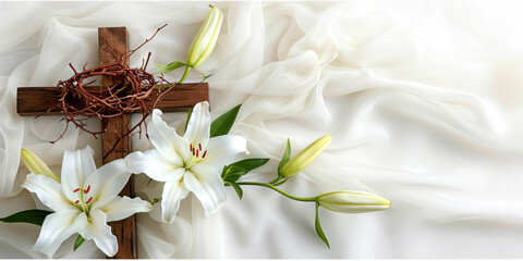 Wooden Cross with White Lilies on Delicate Fabric