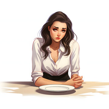 Young woman looking at an empty plate, indicating an eating disorder isolated on white background, simple style, png
