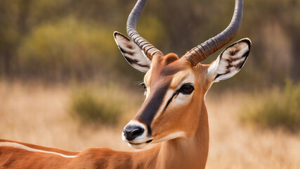 Naklejka na ściany i meble Magnificent antelope impala in savannah. Antelop animal portrait. digital art