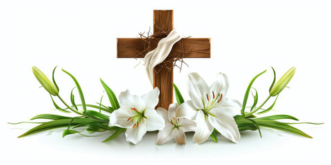 Wooden Cross with White Lilies and Crown of Thorns © Purple_Lamp