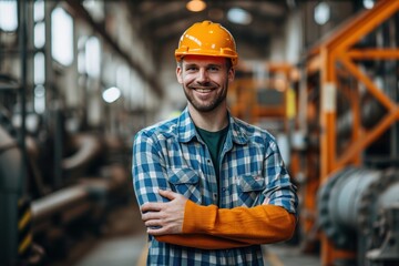 Portrait of a happy male engineer standing with arms crossed in a factory