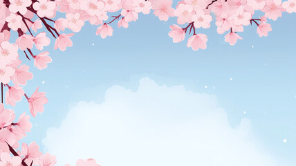 Flat illustration with pink sakura flowers on a blue background. Beautiful spring nature background with a branch of blossoming sakura. Copy space for text