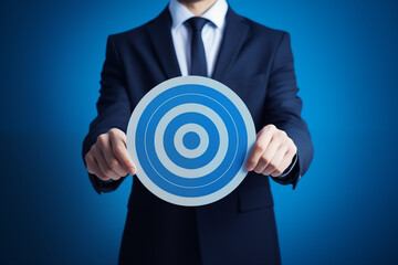 Businessman holding a large dartboard dart target circle target Concept of success, business goals blue background