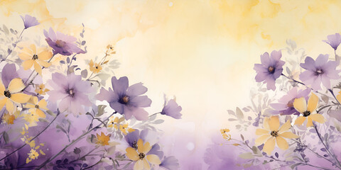 Abstract purple and yellow flowers on beige background 