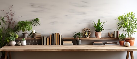 Stylish home office desk with plants. Empty workplace at home. Home office interior.