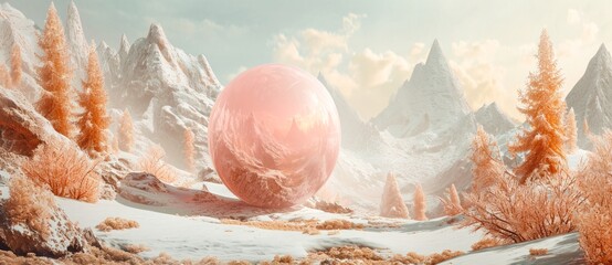 A vibrant pink sphere contrasts against a serene winter landscape, as the snow-covered mountains blend into the soft blue sky
