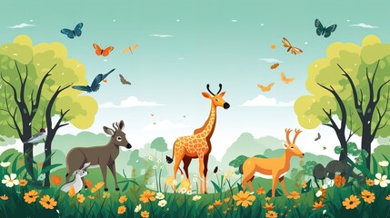 Background to World Wildlife Day, cartoon campaign illustrations for protected animals and plants,AI generated.