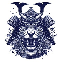 Naklejka premium Jaguar using a samurai helmet isolated in a white background