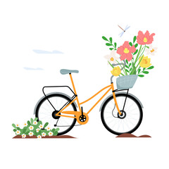 Springtime illustration bicycle with early spring flowers. Floral design elements for mother's day. Vector illustration flat style are suitable for greeting cards, stickers, clothing prints and covers