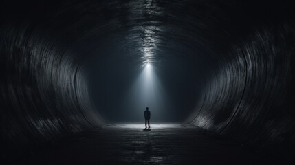 A dark tunnel stretching endlessly, its walls closing in on a solitary figure