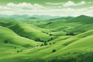 Green rolling hills in a semi abstract landscapes in shades of green