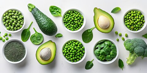 Green food avocado peas spinach basil healthy eating background - obrazy, fototapety, plakaty
