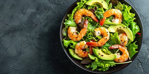 Salad with avocado and shrimp, arugula, healthy balanced lunch, background.