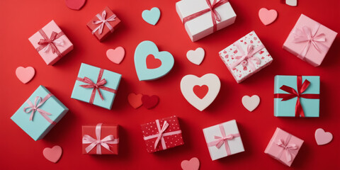 Fototapeta na wymiar The festive atmosphere of the 14th of February, valentines and small gifts for loved ones. Beautiful festive background for Valentine's Day. background of hearts and valentine cards. Generative Ai