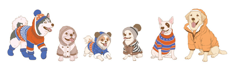 cartoon dog wearing clothes ,dog in various sweaters,Hoodie and Jacket in winter,isolated on white background.	