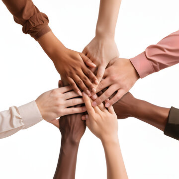 Group of people with their hands stacked, showing team spirit isolated on white background, minimalism, png
