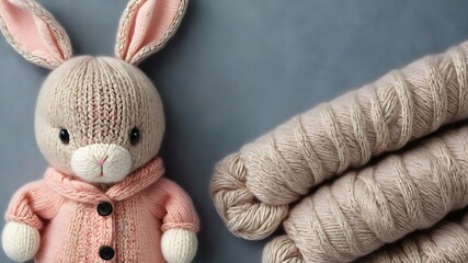 Top view of a knitted cute bunny on a cozy pale blue background with yarn. Background for handmade products and yarn	