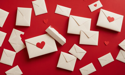 Festive atmosphere of the 14th of February, Valentine's cards in festive envelopes, preparation for Valentine's Day. Beautiful festive background for Valentine's Day. Generative Ai
