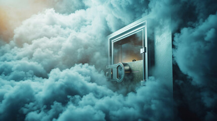 An image of a secure cloud vault storing sensitive data, Cloud Security, dynamic and dramatic compositions, with copy space