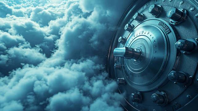 An image of a secure cloud vault storing sensitive data, Cloud Security, dynamic and dramatic compositions, with copy space