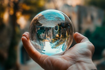 Hands holding a crystal ball reflecting and distorting the surrounding environment, merging reality with fantasy
