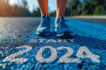Running woman in sportswear on asphalt road. Healthy lifestyle concept. Start 2024
