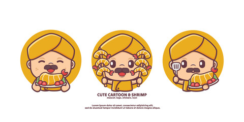 cute chef cartoon in yellow uniform with shrimp. food vector illustration