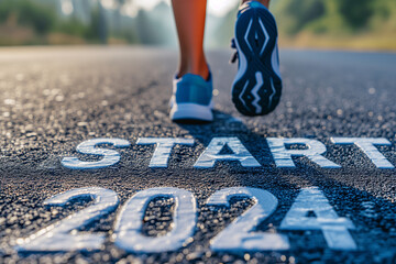 Running woman in sportswear on asphalt road. Healthy lifestyle concept. Start 2024